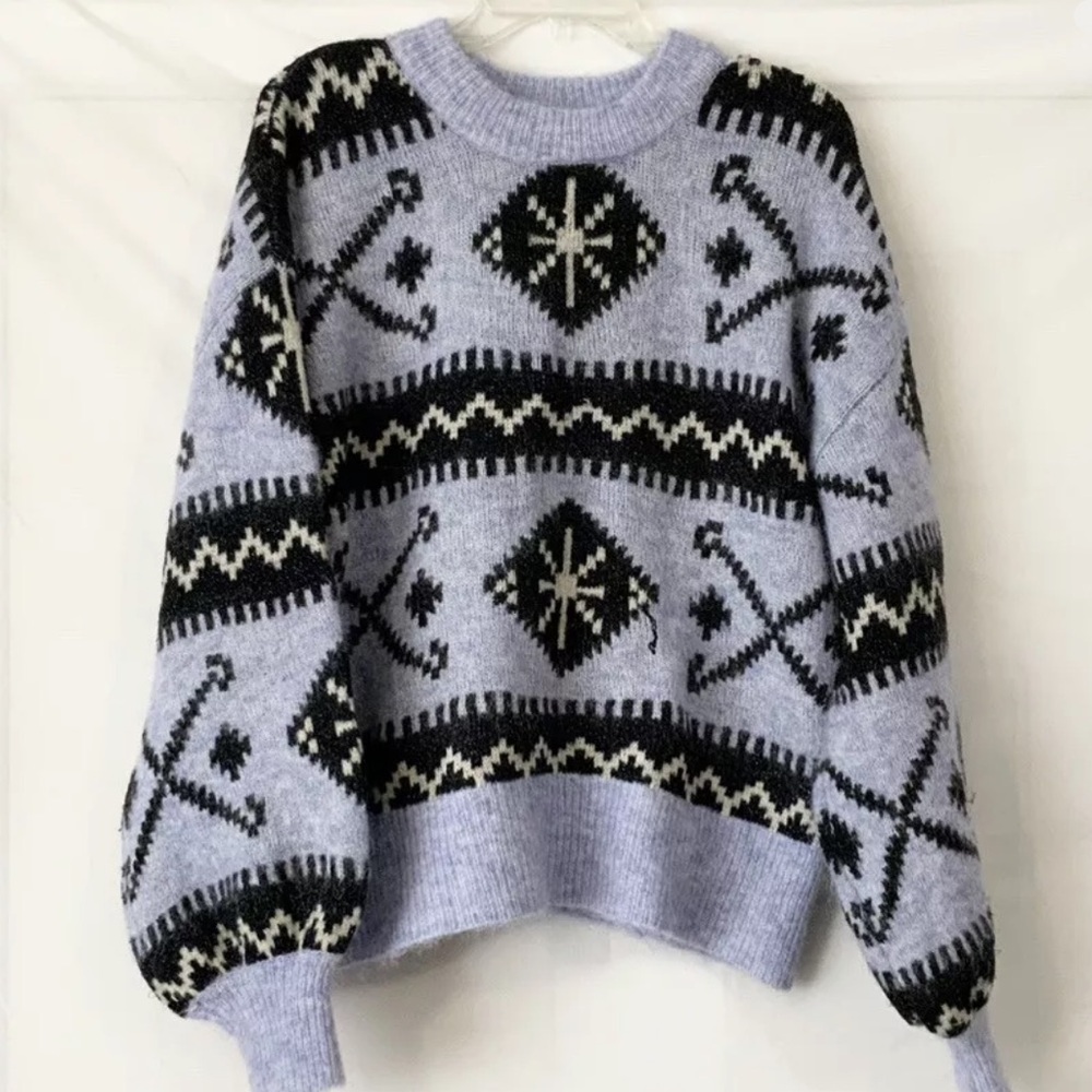 Zara Blue And Black Mohair And Wool Sweater Balloon Sleeve Size Medium